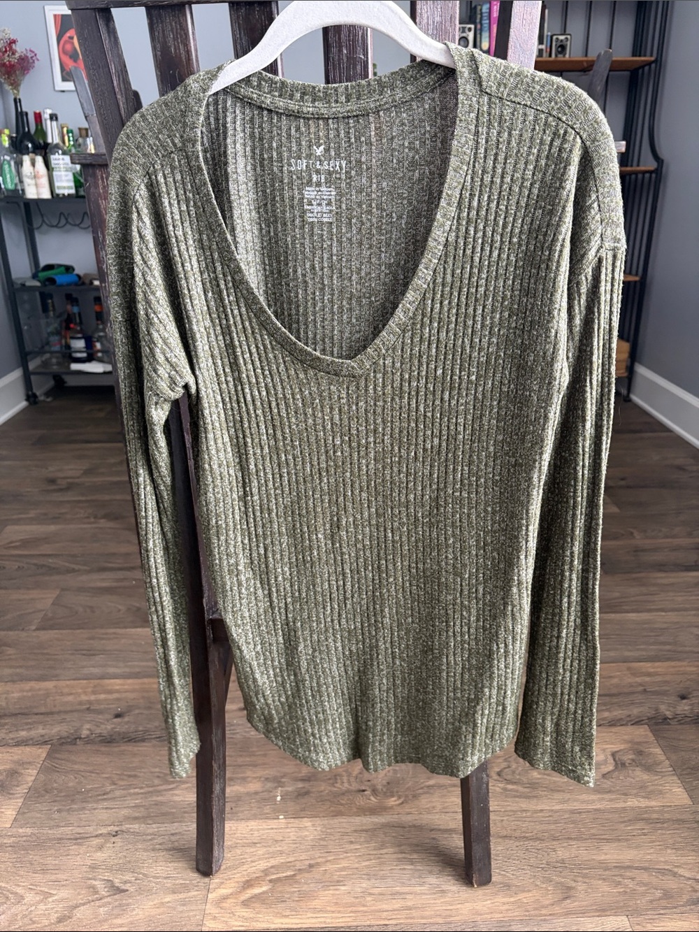 Women's Olive Ribbed V-Neck Long Sleeve Top
